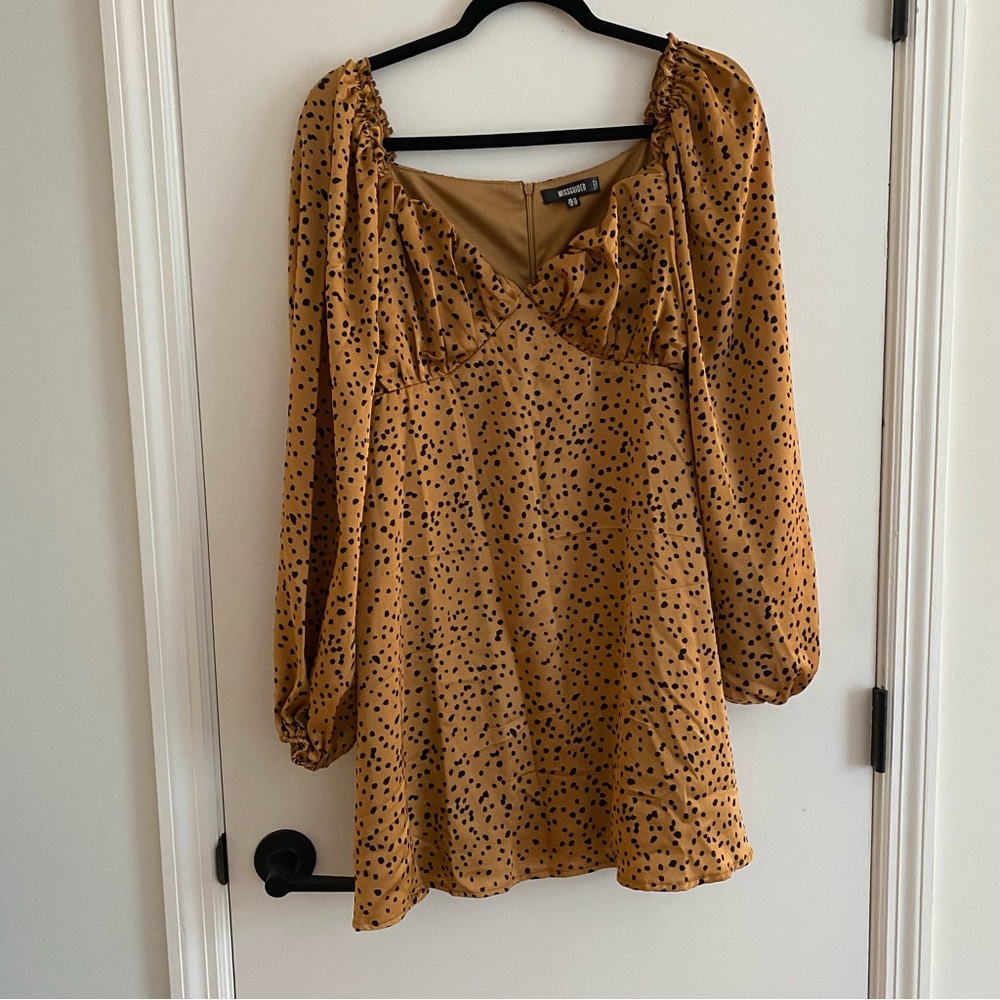 Missguided Gold and Black Dalmatian Spot Milkmaid Satin Long Sleeve Short Dress